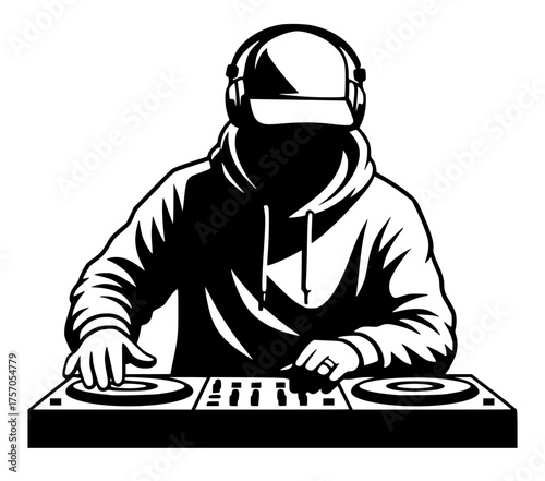 DJ with Headphones and Turntables Vector Illustration, Music, Disc Jockey, Party, Club, Silhouette