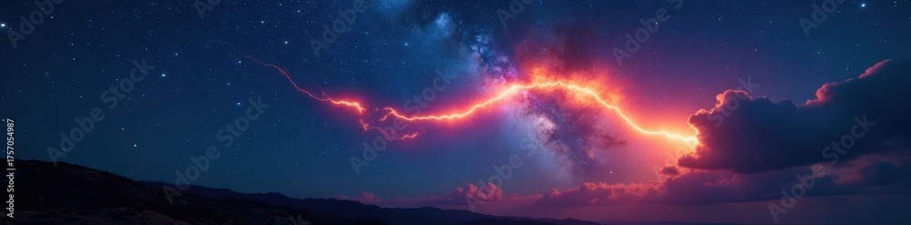Fototapeta premium Fiery meteor streaks across night sky, leaving incandescent trail , glowing, constellation, black