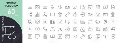 Content production related icons set including writing, filming, editing, publishing, camera, microphone, and creative process. Editable stroke icons perfect for media and marketing.