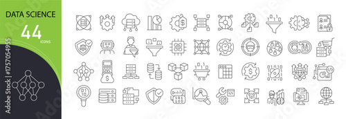 Data science related icons set including analytics, machine learning, statistics, algorithm, data visualization, and artificial intelligence.  outline icons perfect for technology.