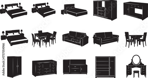 Collection of Black Furniture Silhouettes on White Background Keywords: furniture, bedroom