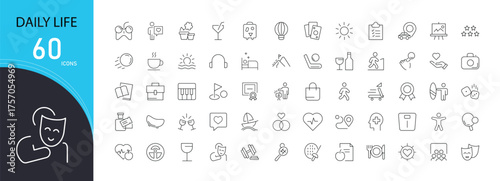 Daily life related icons set including home, family, work, food, sleep, shopping, exercise, and routine activities. Editable stroke and simple outline icons perfect for lifestyle, habit, and personal.
