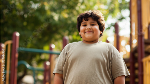 Happy, overweight young middle east boy wearing a t-shirt, standing in a park near a playground. he has dark brown skin and black hair. Plus-size, obese young boy, health problems. Fast food causing o