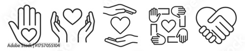 Charity and care icons. Hands holding heart and unity symbols. Outline vector illustration on transparent background