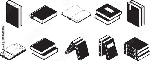 Collection of Isometric Black and White Book Icons Keywords: book, books, reading, education