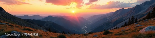 Rocky mountain range at sunset, muted browns and greens , mountains, view, landscape