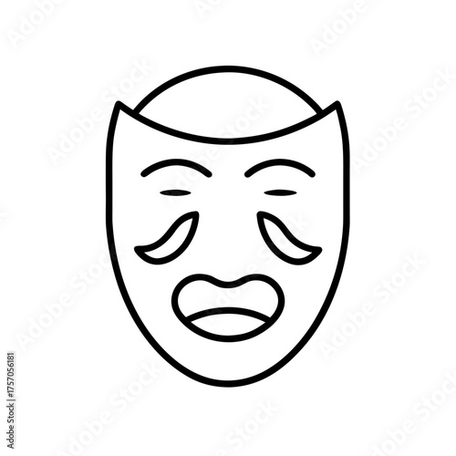 Outline drawing of a theatrical comedy mask design on transparent background