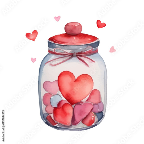 Watercolor jar with hearts, set of Valentine's Day clipart, romantic decoration, hand drawn, on white background.for card design, printable stickers, invitations and digital scrapbooking.