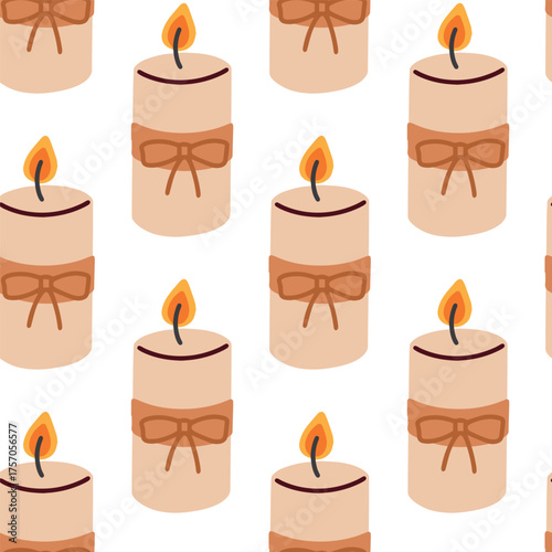 Seamless pattern with beige candles decorated with ribbons and bows. Cozy festive design for interior.