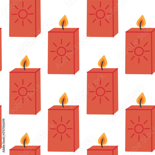 Seamless pattern with red square candles decorated with sun symbol. Festive cozy background for holiday design.