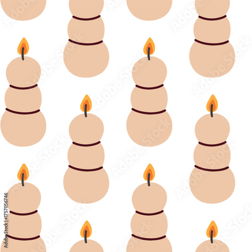 Soft beige round candles with burning fire add peaceful charm and warm energy for home interior, ritual or meditation.
