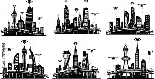 Futuristic smart city illustration, wireless connectivity, drone technology, advanced transportation, modern skyscrapers, urban innovation, sustainable architecture, digital infrastructure,  