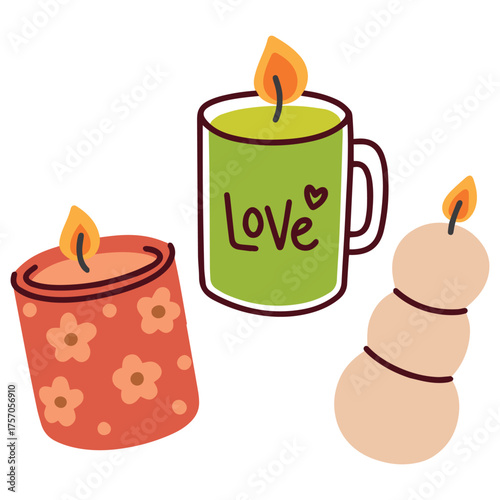 Cozy candles in green mug with love sign and red floral pattern shine with gentle warm fire.