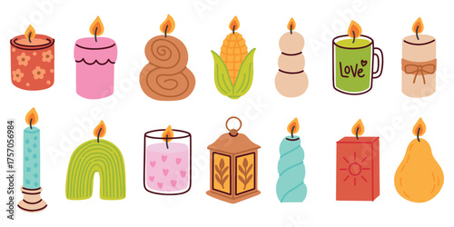 Large collection of candles and lanterns with different shapes burning with cozy warm light for festive decoration.