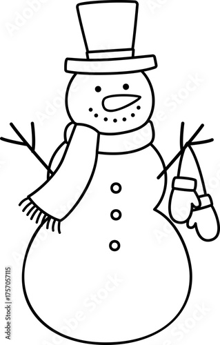 Classic Christmas snowman outline vector.
Children's coloring page and template.
Transparent background. SVG.

