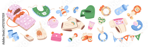 Babies' items set. Cute clothes and accessories for newborn kids. Rattle toys, cradle, potty, bottle of milk, diapers to care about infants. Flat isolated vector illustrations on white background