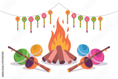 Vibrant bonfire with musical instruments and decorations for lohri festival