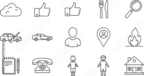 Set of line art icons for various concepts Keywords: cloud, weather, thumbs up, like, approval