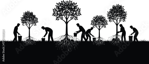 Tree planting illustration, human figures nurturing growth, environmental sustainability, ecological stewardship, nature conservation, reforestation concept, green future, 