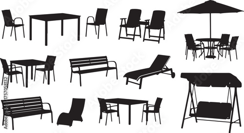 Silhouettes of outdoor furniture and patio set on white background Keywords: outdoor furniture