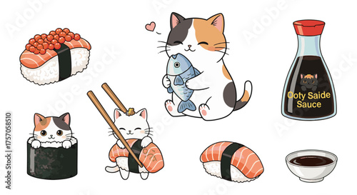 Delightful cartoon cats enjoying a sushi feast with Ooty Saide Sauce, perfect for adding a touch of kawaii to your designs or illustrating a fun food concept for kids or Japanese culture lovers