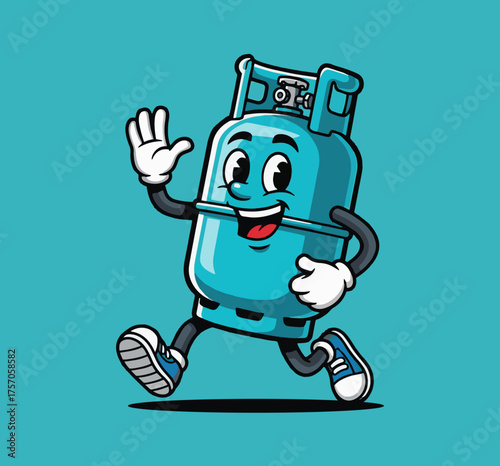 Cheerful propane tank character sprinting with a friendly wave, perfect for energy companies and safety campaigns, offering a lighthearted approach to essential services