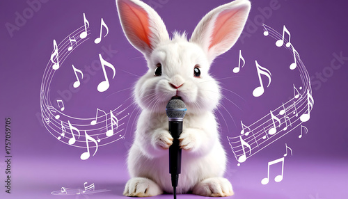 White rabbit holding a microphone, performing with musical notes floating around a purple background. Concepts are music and spring