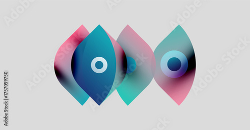 Abstract shapes overlap, creating vibrant color gradients. Circular elements reside within leaflike forms. Minimalist design, modern aesthetic.