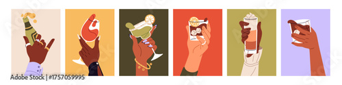 Set of cards with human hands holding different glasses of alcoholic drinks at party. People with wineglasses of cocktails, wine, bottles of beer toast and celebrate holiday. Flat vector illustrations