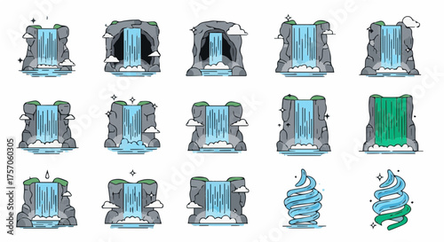 Diverse collection of stylized waterfall illustrations with surrounding rocks and greenery