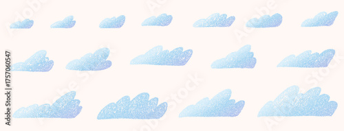 Grainy clouds set. Naive halftone textured sky pack. Kids blue chalk textured weather elements. Spray noise scribble clouds signs. Vector collection illustration on beige background.