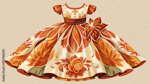 Very beautiful burnt orange and ivory dress with big floral prints, textured satin bodice, layered tulle skirt, bright and warm outfit set on white background, ideal for children’s vector artwork.