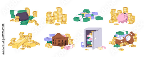 Money and coins set. Wads of dollar bills, banknotes, stacks of cash, gold bars. Wallet, safe and piggy bank with savings. Finance and wealth. Flat isolated vector illustrations on white background