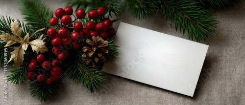 Photo of a mockup of a blank card with pine branches and red berries next to it, creating an elegant Christmas background on a light brown fabric. Web banner with space for text on the right.