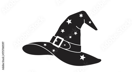 Mystical witch hat adorned with sparkling stars and a buckle ideal for halloween and fantasy themed designs and celebrations isolated on white background