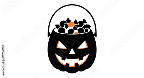 Halloween jack o lantern candy bucket filled with sweets festive fall holiday treat gathering decoration isolated on white background