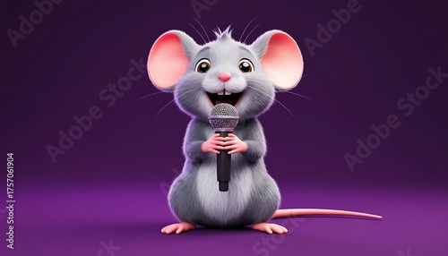 Cheerful 3D rendered grey mouse character smiling and holding a microphone, standing against a purple background, ready to sing