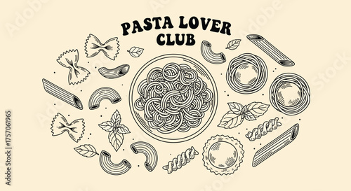 Pasta lover club illustration with various pasta shapes, including farfalle, penne, and tortellini, arranged around a plate of spaghetti