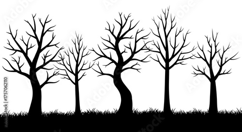Monochromatic silhouette of bare trees standing tall amidst a textured ground cover underneath a vast expanse isolated on white background