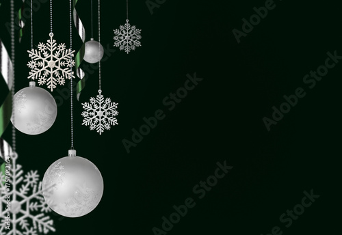 Elegant festive background with silver Christmas baubles, snowflakes on a  emerald background. 