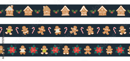 Christmas seamless borders set with gingerbread houses, candy canes, poinsettias and gingerbread people on dark background. Cute simple festive pattern for holiday wrapping and winter decoration.