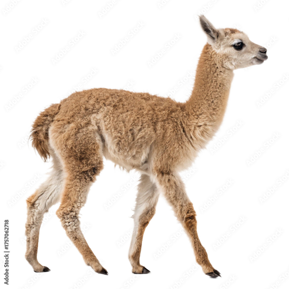 Obraz premium Adorable baby guanaco walking isolated, perfect for wildlife conservation campaigns, educational materials, and children's books about South American animals 