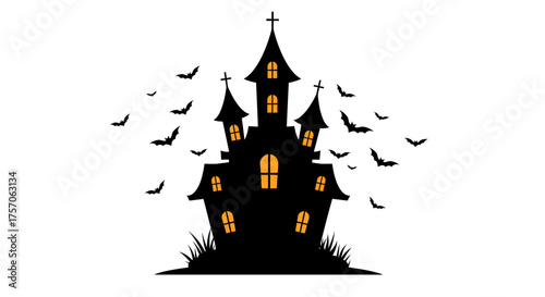 Spooky halloween haunted mansion silhouette with flying bats and glowing windows for spooky seasonal celebrations isolated on white background