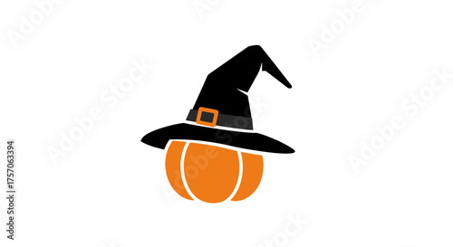 Spooky halloween pumpkin wearing a black witch hat with orange band and buckle festive seasonal decoration element isolated on white background