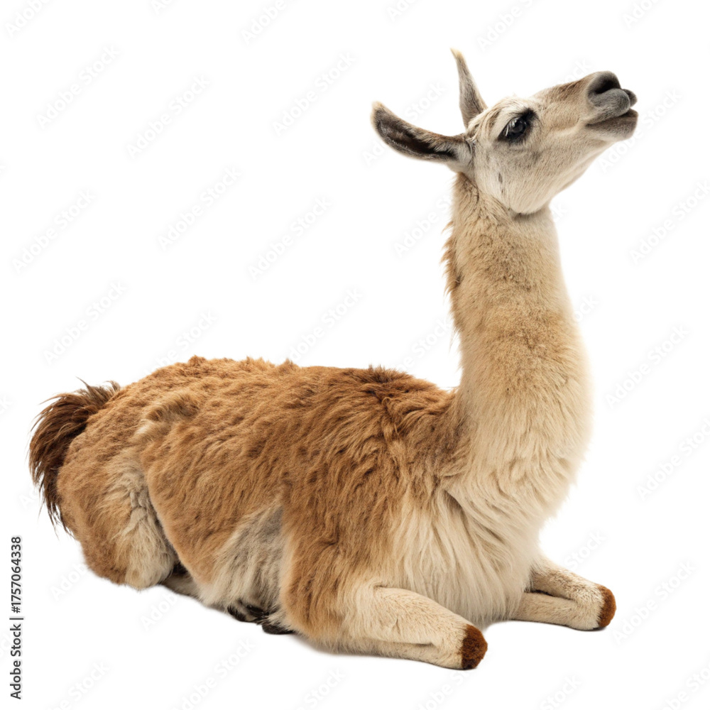 Fototapeta premium Adorable llama resting peacefully, showcasing its soft fur and gentle demeanor, perfect for nature and travel projects 