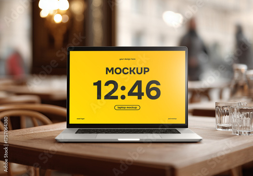 Front view laptop mockup in a restaurant or cafe mockup