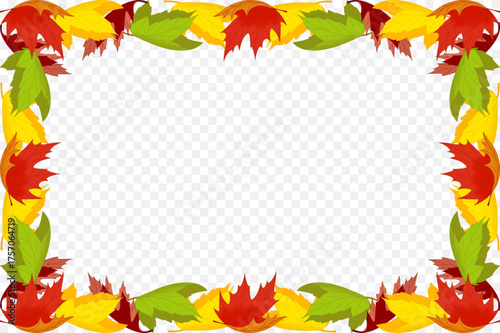 Square frame of vibrant autumn leaves isolated on a transparent background. Suitable for cards, invitations, and posters. Vector illustration.