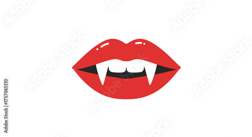Sensual red vampire lips with sharp fangs showing halloween gothic horror beauty and mystery isolated on white background