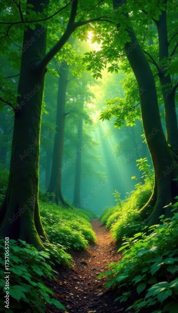 Fototapeta premium Dense emerald canopy, shadows dapple forest floor, moist, jungle scene
