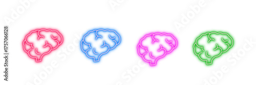 Neon glowing brain vector icons set, intelligence, mind, thinking, knowledge, science, learning, creativity, glowing colorful digital design illustration on transparent background. 